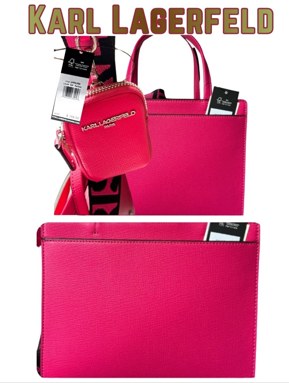 Karl Lagerfeld Paris Crossbody Handbag Fuchsia Pink White NWT msrp $198 New - Picture 5 of 8